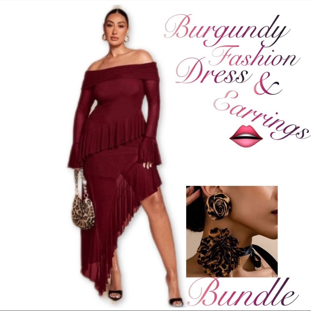 Elegant Burgundy Off-Shoulder Dress & Necklace Jewelry Set